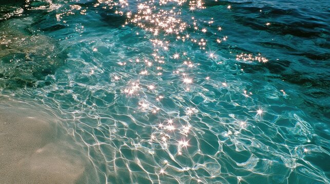 Sunlit, clear turquoise water laps gently onto a sandy shore, creating patterns