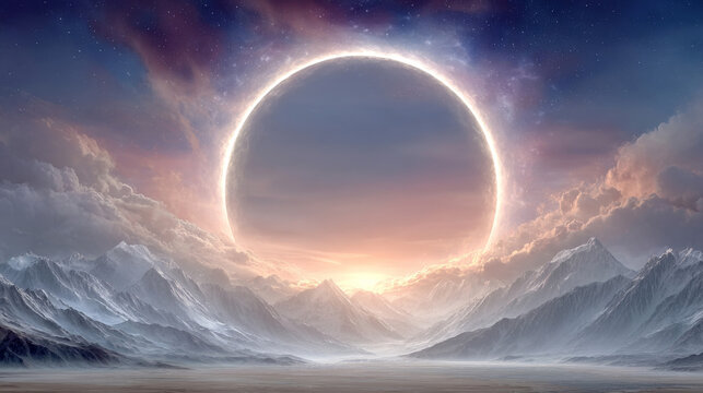 This final image depicts a breathtaking, cinematic total solar eclipse over a vast, snow-capped mountain range, with glowing, ethereal clouds framing the darkened sun.