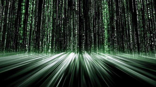 Digital rain streams down from above, forming an abstract, glowing forest