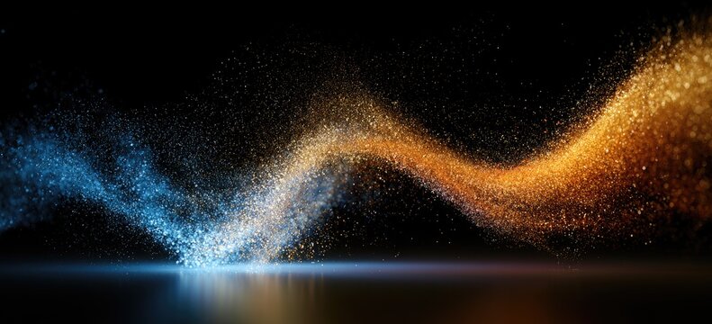 A swirling wave of blue and gold particles against a dark background