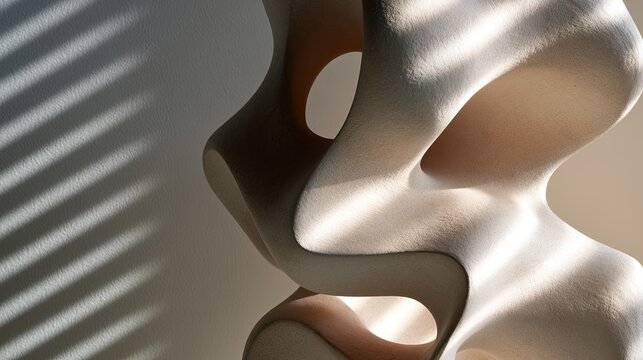 Abstract sculpture with organic curves bathed in dramatic light and shadow