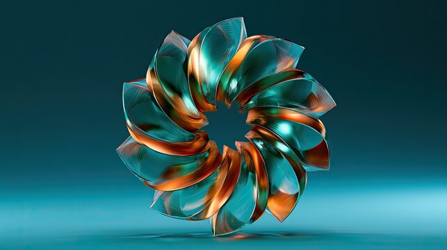 Abstract geometric form with translucent, spiraling elements and metallic accents