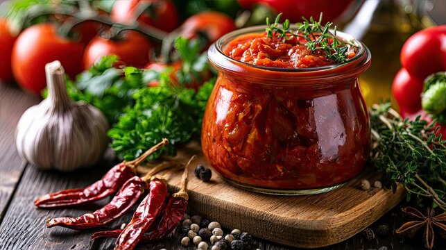 A jar of chunky tomato relish with fresh herbs and peppers
