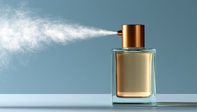 Glass perfume bottle with gold cap sprays mist against a blue background