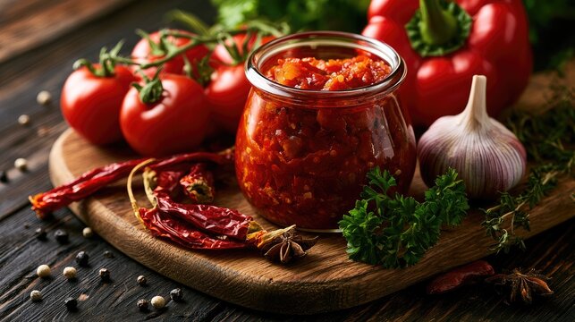 Spicy red relish in a jar surrounded by fresh ingredients on a wooden board