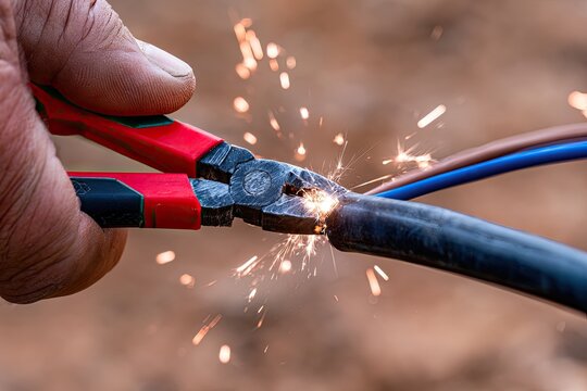 Close-up of hand using cutters to sever a thick black cable, sparks fly