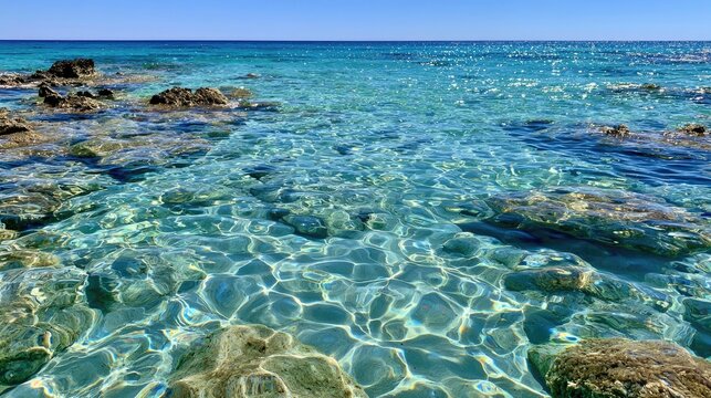 Crystal clear shallow ocean water with sunlight glinting on the seabed and rocks