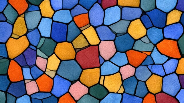 A vibrant, irregular pattern of tessellating geometric shapes in multiple colors
