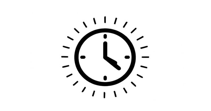 Simple black and white clock icon with sunburst design, symbolizing time management and efficiency
