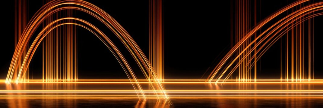 Abstract glowing orange lines form arches over reflective dark surface