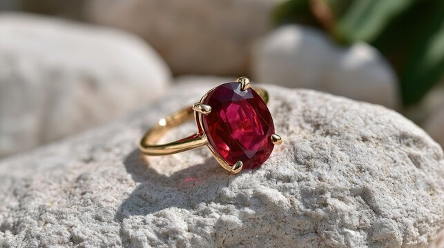A stunning oval ruby gemstone ring on a textured rock with a blurred natural background
