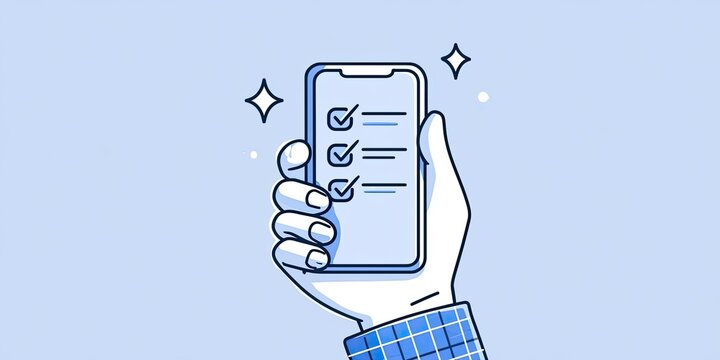 Hand holding smartphone displaying completed checklist with sparkles