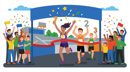 Fototapeta premium A diverse group of happy runners crossing the finish line with spectators cheering and confetti falling, celebrating victory.