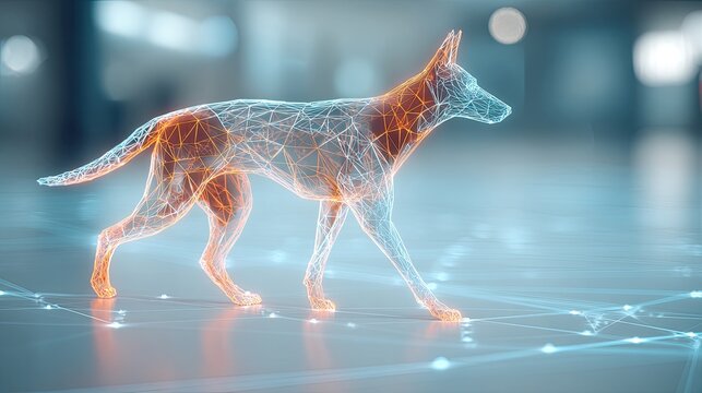 Glowing holographic canine wireframe model walks on a digital network