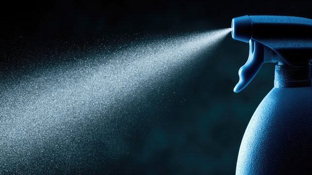 Close-up of a spray bottle nozzle releasing a fine mist against a dark background