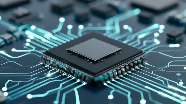 Futuristic microchip with glowing circuit lines for advanced digital technology