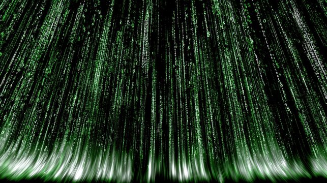 Digital rain of green binary code cascading downwards from a dark abyss