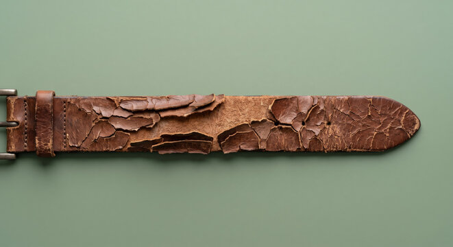 Old worn brown leather belt with cracked peeling surface on green background damaged accessory close up