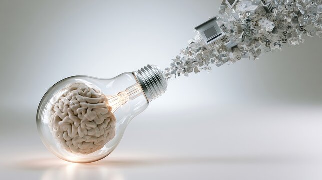 A human brain inside a light bulb, with computer chips exploding outwards