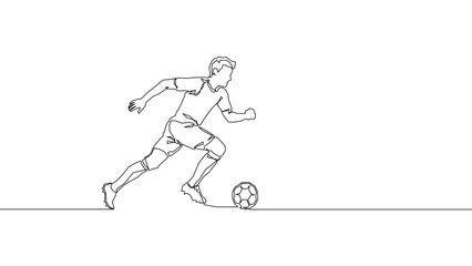 Fototapeta premium Continuous line soccer player dribbling ball while running illustration in minimal outline style, football sport action concept vector.