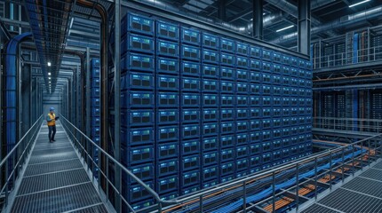 Fototapeta premium Person walking through blue server room corridor