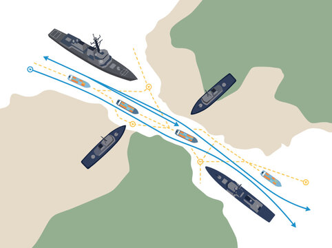Vector infographic illustration of naval vessels guarding and escorting merchant ships through a narrow maritime strait chokepoint