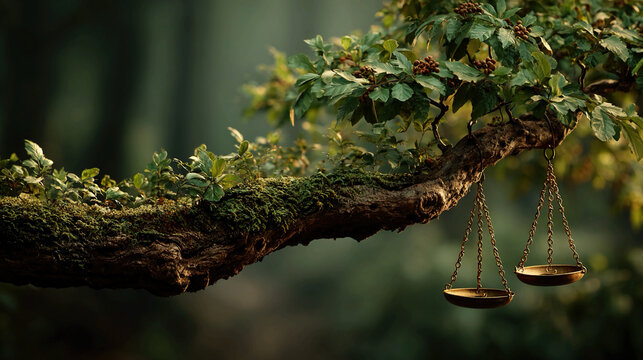Tree branch holding scales of justice, symbolizing environmental law, ecological protection, and the balance between nature and judicial decision-making,