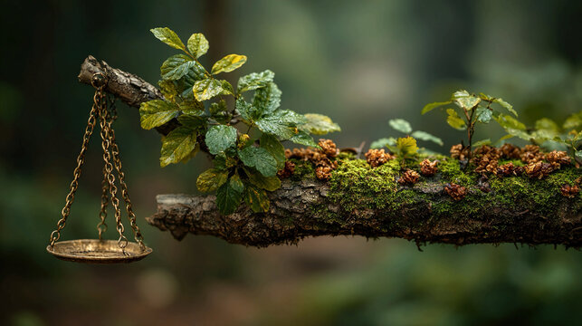 Tree branch holding scales of justice, symbolizing environmental law, ecological protection, and the balance between nature and judicial decision-making,