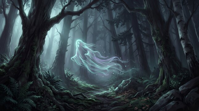 Glowing ghost in misty forest with mossy trees