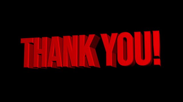 Bold red animated text says "THANK YOU!" on a black background. Convey gratitude with a modern and eye-catching design. Ideal for thank you messages.
