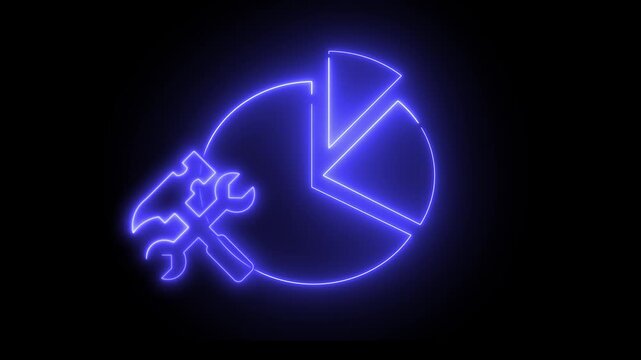 Neon light effect animation of a Tools icon and a pie chart. Perfect for data and repair concepts. Ideal for technology, business, or maintenance visuals.