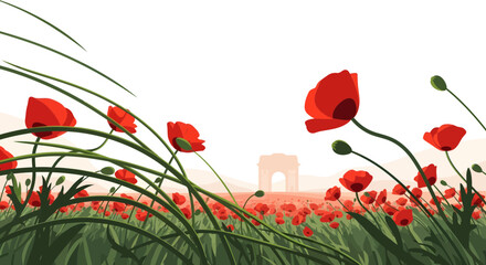 Naklejka premium Vibrant red poppies bloom in a field with a distant archway.