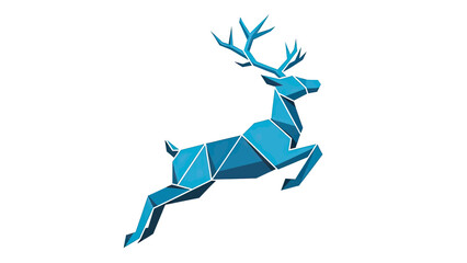 A vibrant blue origami reindeer leaps gracefully against a white background © vuy