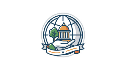 Naklejka premium Global Governance Symbol: Hand Holding Building, Tree, Earth, and Ribbon