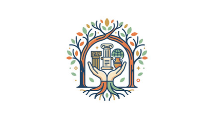 Obraz premium Hands holding ancient artifacts within stylized tree of knowledge