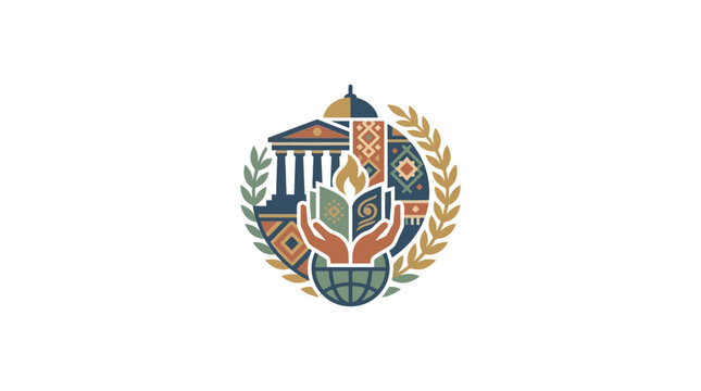 Global Education Emblem: Hands Holding Books Above Earth, Laurel Wreath, Architecture