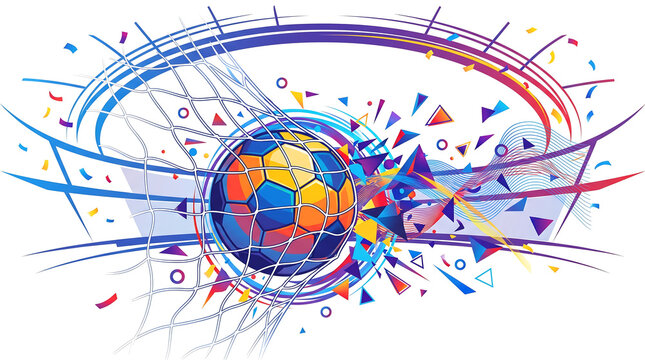 Vibrant abstract sports illustration showcasing a handball in motion, surrounded by dynamic geometric shapes and net elements, celebrating athletic achievement and energetic competition