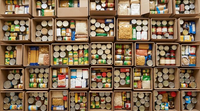 Food bank boxes packed with non-perishable groceries for charity