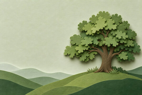 Layered paper cut oak tree on green hill