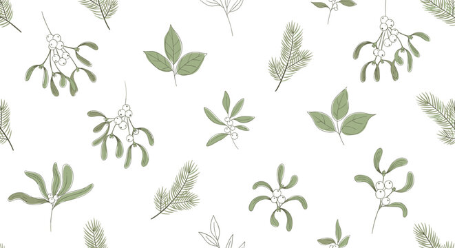 Decorative seamless pattern features delicate sketches of mistletoe berries and pine branches on a white background, perfect for festive winter holiday designs.