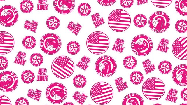 4K 4th of July seamless looping background video featuring pink patriotic badges, eagles, flags, and stars on white, ideal for holiday digital displays, event backdrops, and creative edits.
