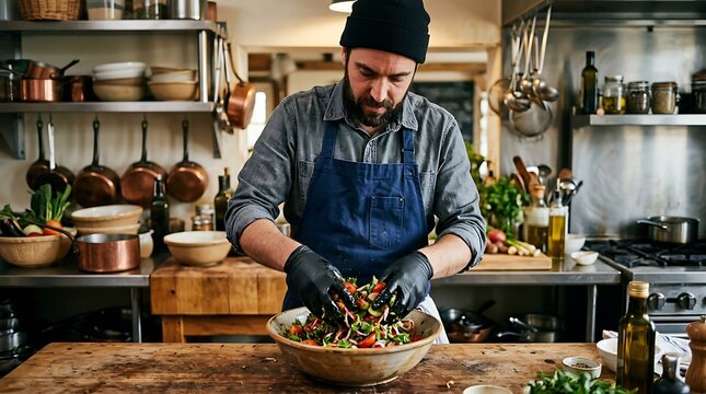 Professional Chef Preparing Fresh Vegetable Salad in Rustic Kitchen