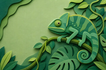 Obraz premium Green Paper Cut Chameleon In Lush Jungle