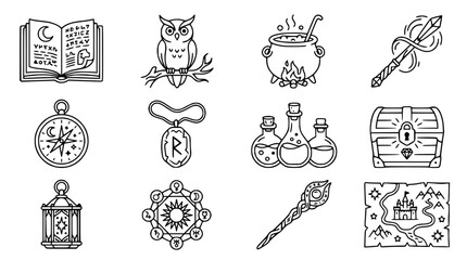Fantasy Icons Set: Magic Book, Owl, Potion, Wand, Compass, Rune, Treasure Chest, Map © Teh