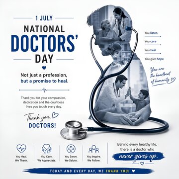 National doctors day creative graphic with stethoscope and medical consultation imagery, white coat