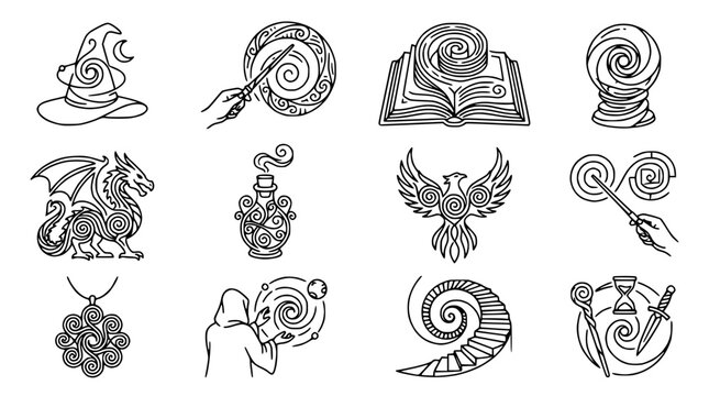Fantasy Magic Icons: Wizard Hat, Dragon, Phoenix, Potion, Crystal Ball, Spellbook, Wand