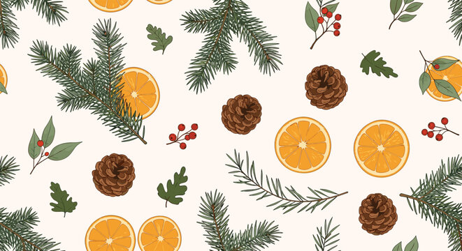 Christmas seamless pattern featuring realistic pine branches, dried orange slices, pine cones, and red berries on a light background.