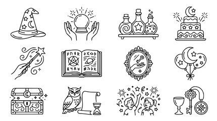 Obraz premium Magic and Fantasy Icons Set: Witchcraft, Fortune Telling, Alchemy, Celebration