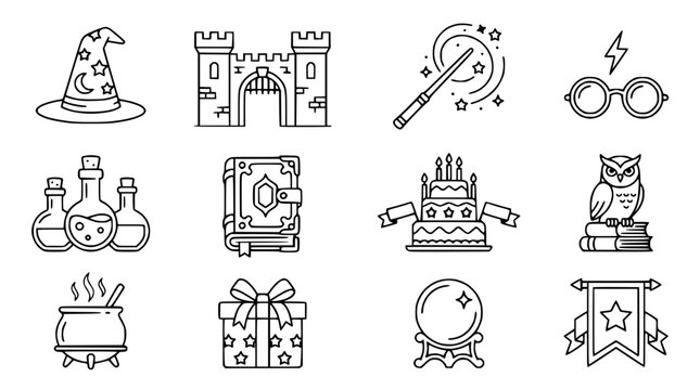 Magical Fantasy Icons: Wizard Hat, Castle, Wand, Glasses, Potions, Book, Cake, Owl