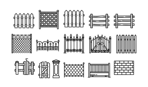 Modern fence line icons with editable garden and property boundary vector design